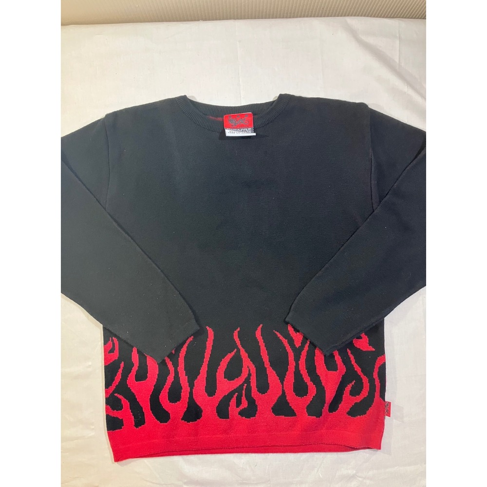 Pineapple‎ Connection Mens XL Flame Print Crewneck Sweater Black Red Y2K Vintage